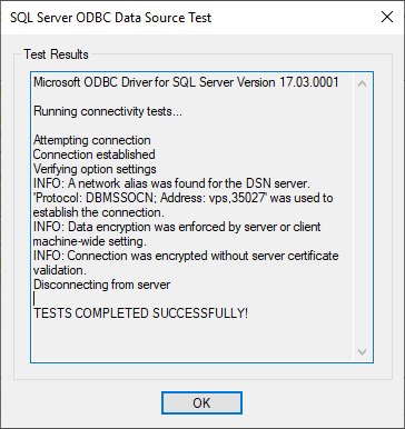 ODBC Test de connexion avec encryption